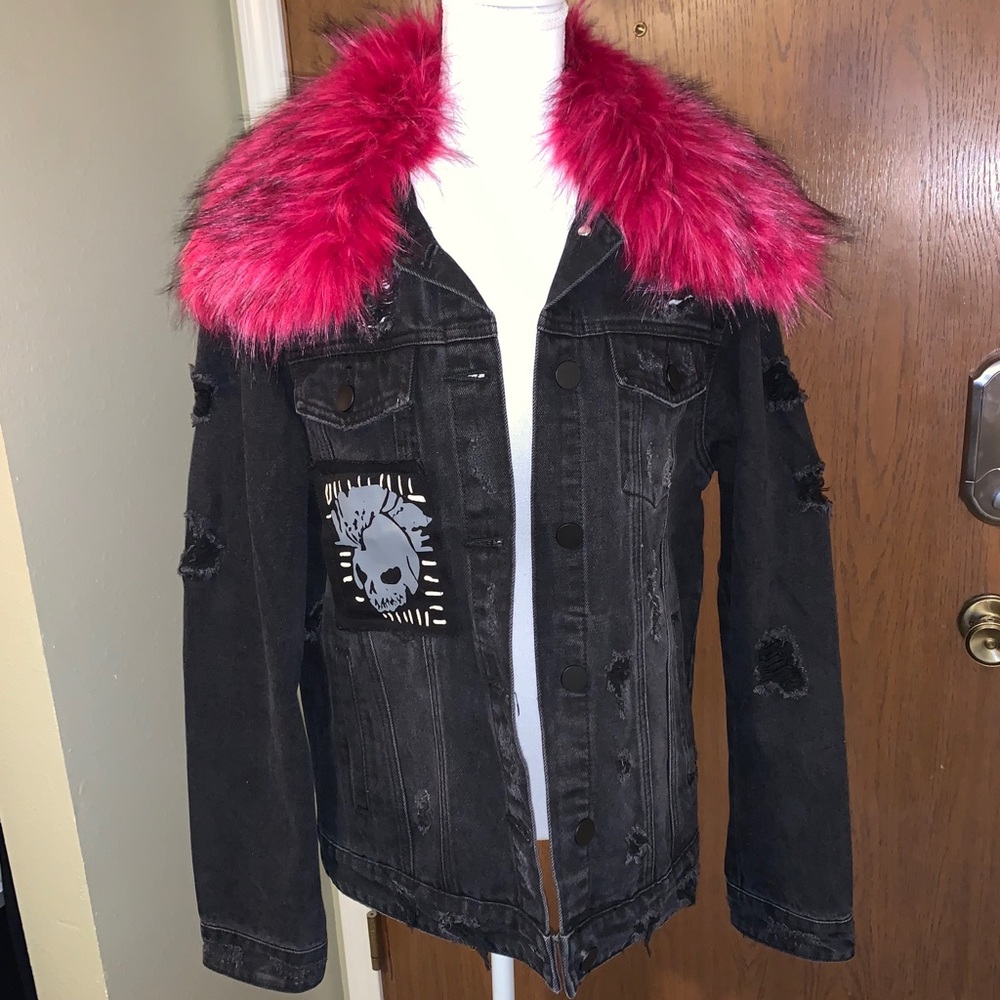 Skull Jean Jacket w Fur Trim